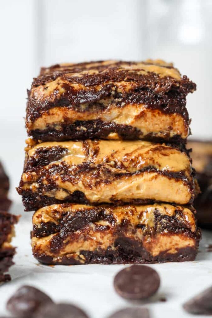 three pieces of chocolate peanut butter brownies
