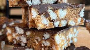 Stack of three peanut butter protein crunch bars