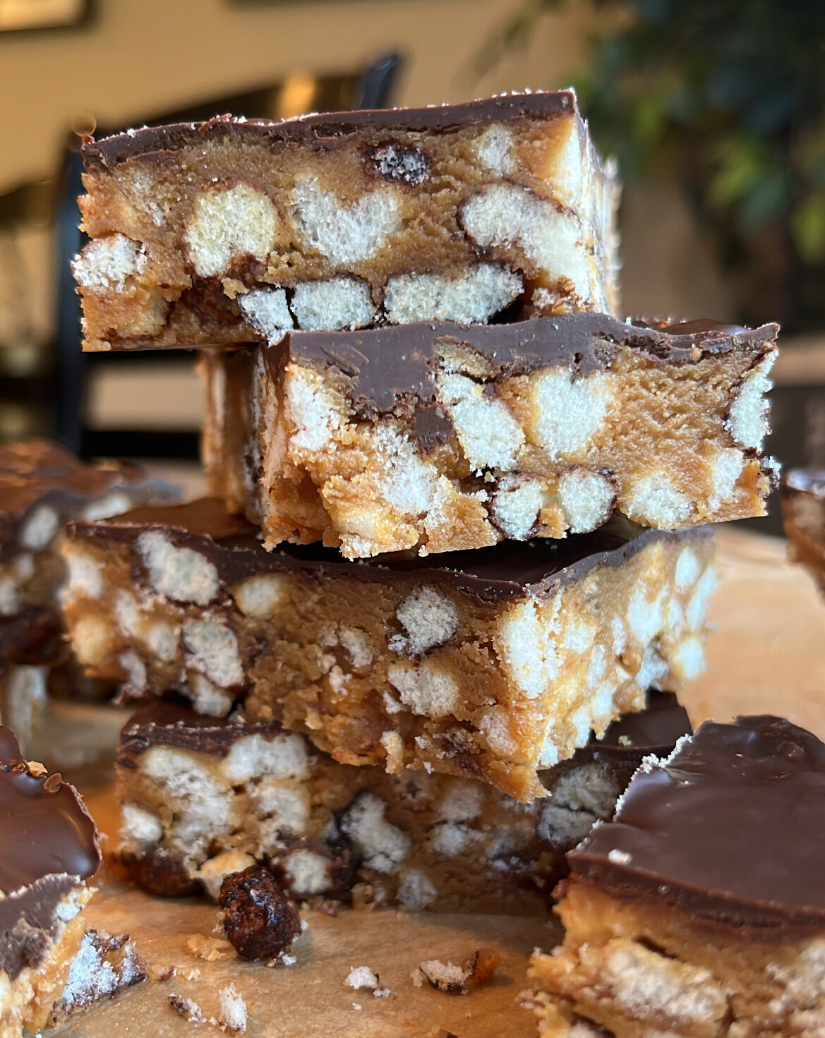 Stack of three peanut butter protein crunch bars