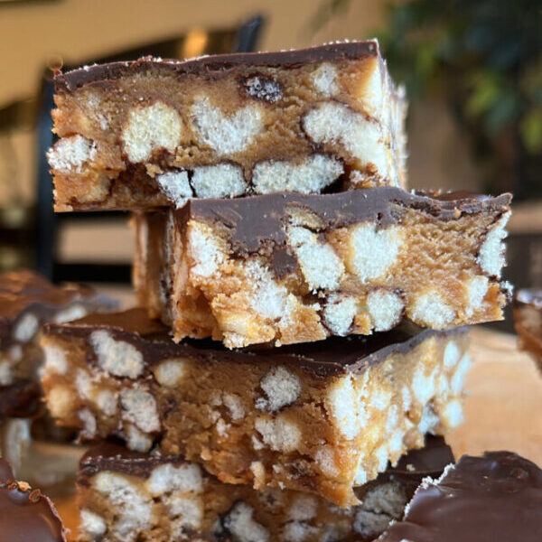 Stack of three peanut butter protein crunch bars