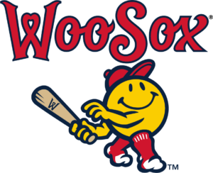 WooSox logo shown as a smiley face with arms and legs swinging a bat.