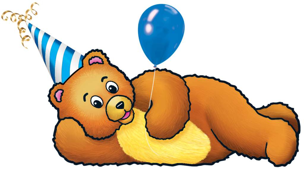 Teddie bear logo wearing a celebration birthday hat and holding a blue balloon.