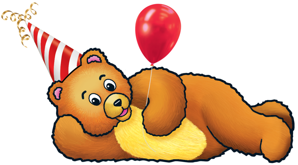 Teddie bear logo wearing a celebration birthday hat and holding a red balloon.