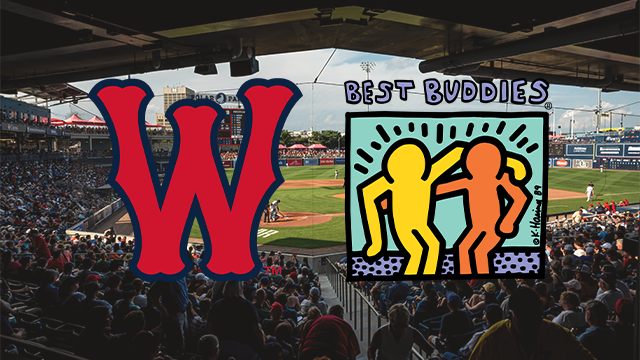 Photos of Polar Park baseball field with the WooSox and Best Buddies logos overlayed.