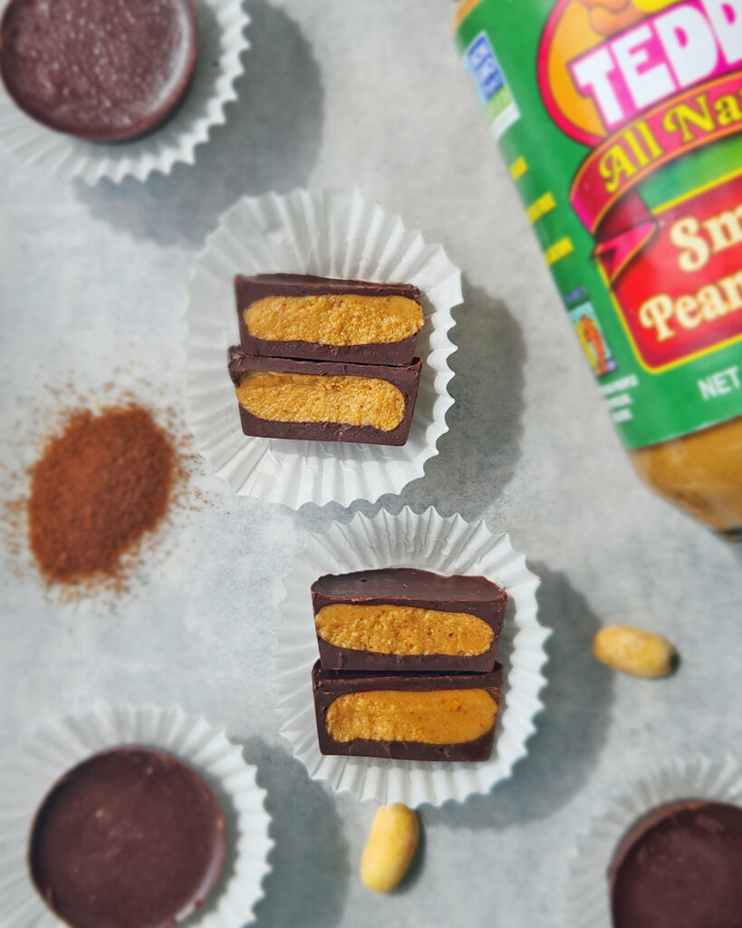 Two chocolate peanut butter espresso cups cut in half.